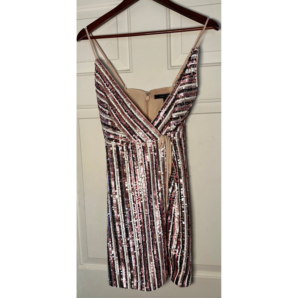 BCBGMAXAZRIA‎ Womens 4 Sequin Wrap Mini Dress Pink Burgundy Striped Cocktail